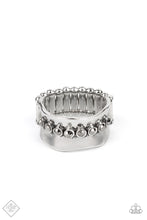 Load image into Gallery viewer, A smoky row of dainty hematite rhinestones juts from the center of a wavy silver band, creating an edgy centerpiece atop the finger. Features a stretchy band for a flexible fit.  Sold as one individual ring.  New Kit Fashion Fix
