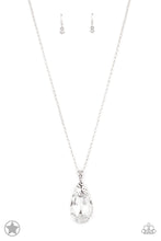 Load image into Gallery viewer, Infused with an elegantly elongated silver chain, a dramatic teardrop gem swings from the bottom of a white rhinestone encrusted silver fitting, creating a hypnotic pendant. Features an adjustable clasp closure.  Sold as one individual necklace. Includes one pair of matching earrings.

