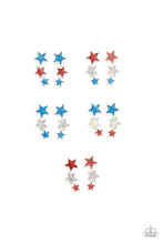 Load image into Gallery viewer, Let freedom ring with these red, white and blue iridescent stars. Earrings attach to standard post fittings.
