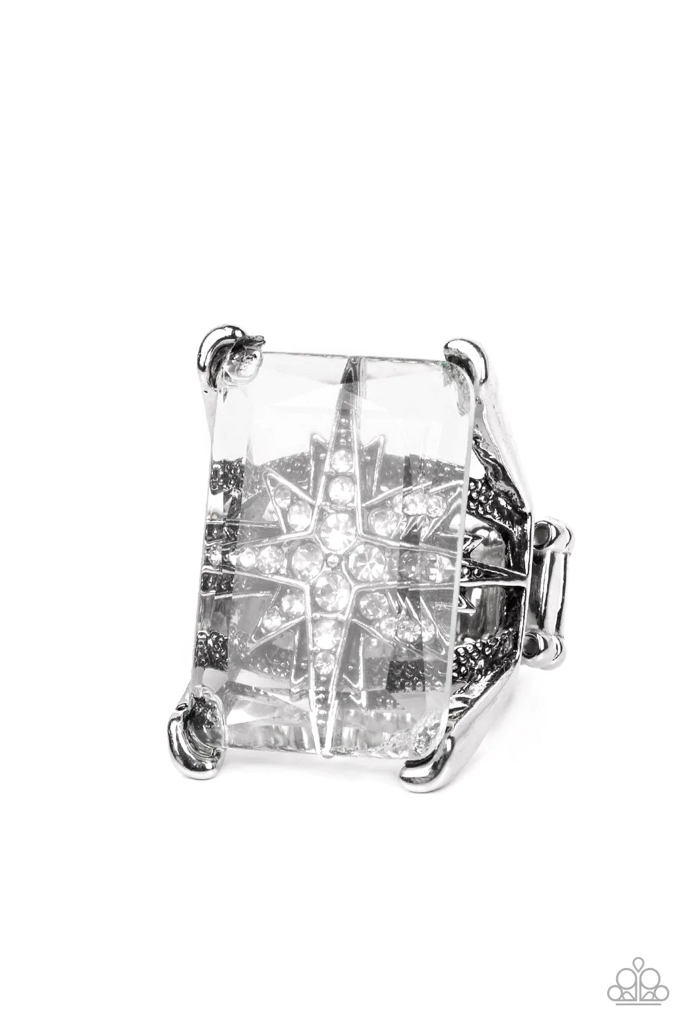 A white rhinestone dotted star twinkles behind a glassy pane that seemingly floats atop the pronged frame, resulting in a stellar statement piece. Features a stretchy band for a flexible fit.  Sold as one individual ring.