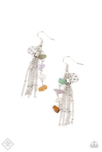 Load image into Gallery viewer, A hammered silver disc, silver chain tassel, and strand of raw cut multicolored rock beads delicately stream from the ear, creating an earthy fringe. Earring attaches to a standard fishhook fitting.  Sold as one pair of earrings.
