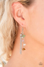 Load image into Gallery viewer, A hammered silver disc, silver chain tassel, and strand of raw cut multicolored rock beads delicately stream from the ear, creating an earthy fringe. Earring attaches to a standard fishhook fitting.  Sold as one pair of earrings.
