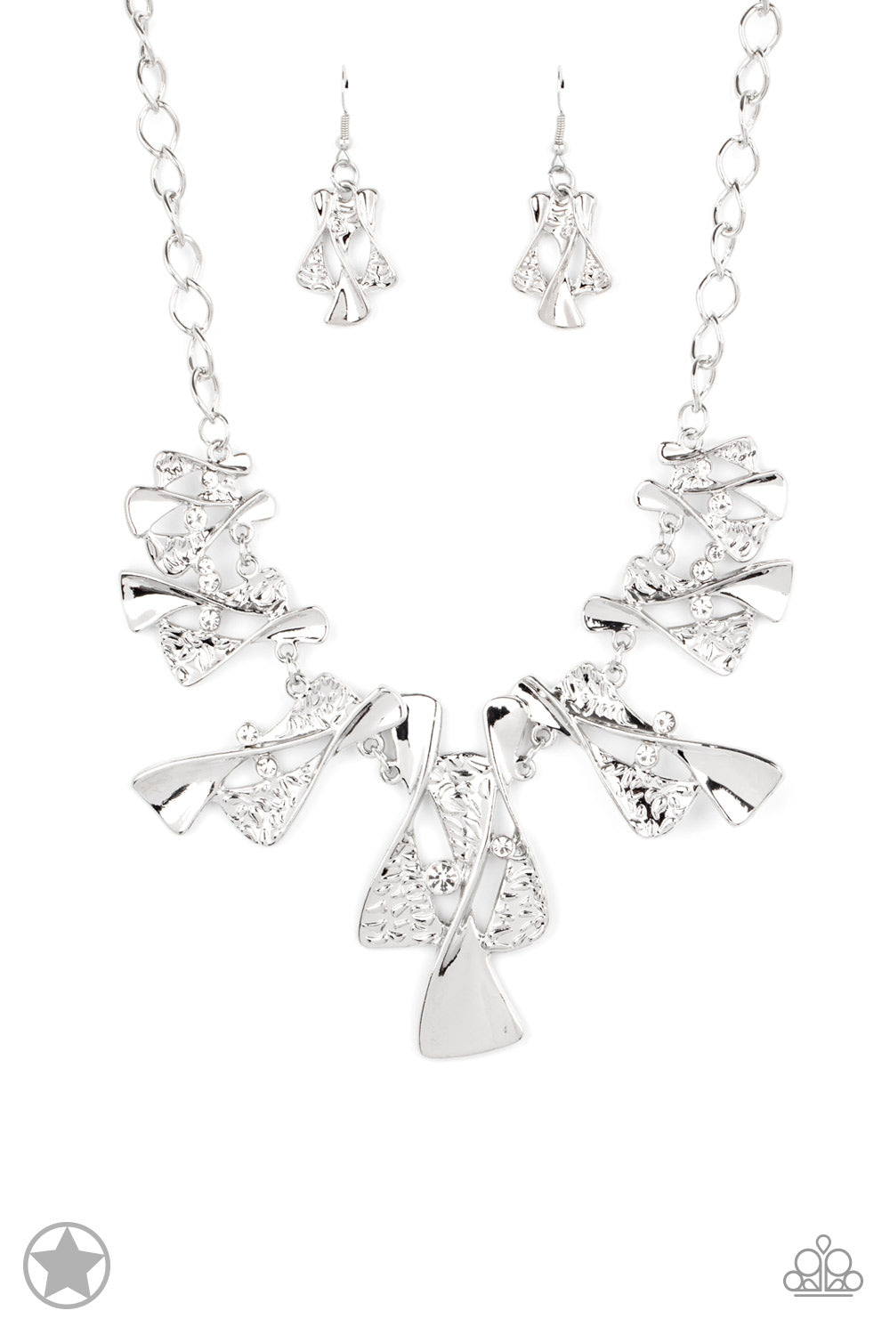 Twisted silver hourglasses dance along a chunky silver chain with tiny clear rhinestones adding sparkling, elegant accents. Beautiful textured pieces add depth to the design. Features an adjustable clasp closure.     Sold as one individual necklace. Includes one pair of matching earrings.