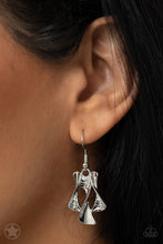 Load image into Gallery viewer, Twisted silver hourglasses dance along a chunky silver chain with tiny clear rhinestones adding sparkling, elegant accents. Beautiful textured pieces add depth to the design. Features an adjustable clasp closure.     Sold as one individual necklace. Includes one pair of matching earrings.
