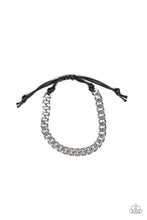 Load image into Gallery viewer, Shiny black cording knots around the ends of a thick silver curb chain that is wrapped across the top of the wrist for a versatile look. Features an adjustable sliding knot closure.  Sold as one individual bracelet.
