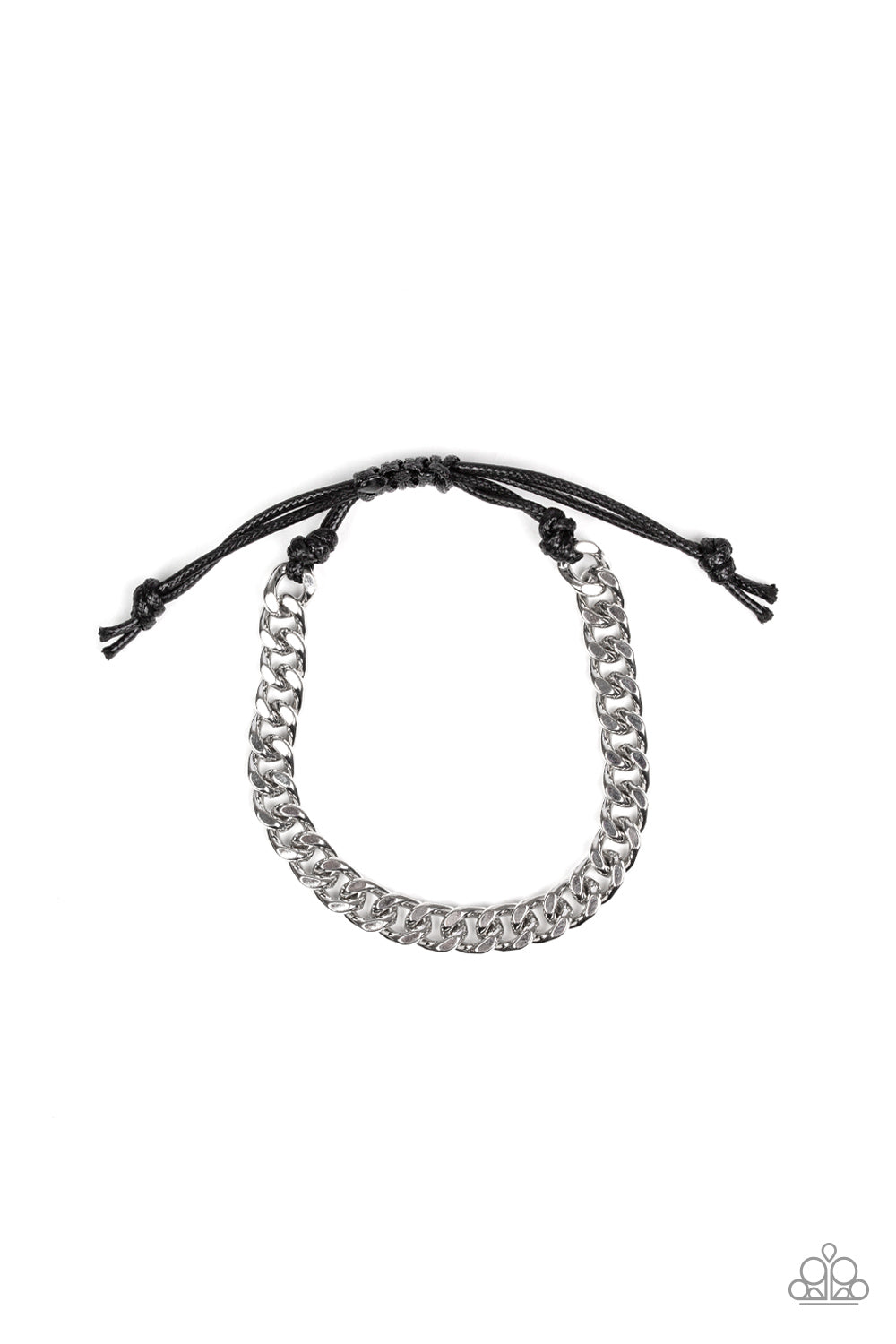 Shiny black cording knots around the ends of a thick silver curb chain that is wrapped across the top of the wrist for a versatile look. Features an adjustable sliding knot closure.  Sold as one individual bracelet.