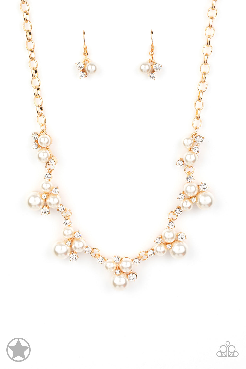 Clusters of pearls and dazzling white rhinestones join below the collar, creating refined frames. Infused with a glistening gold chain, the sections of luminescent frames trickle along the neck in a timeless fashion. Features an adjustable clasp closure.  Sold as one individual necklace. Includes one pair of matching earrings.