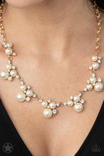 Load image into Gallery viewer, Clusters of pearls and dazzling white rhinestones join below the collar, creating refined frames. Infused with a glistening gold chain, the sections of luminescent frames trickle along the neck in a timeless fashion. Features an adjustable clasp closure.  Sold as one individual necklace. Includes one pair of matching earrings.
