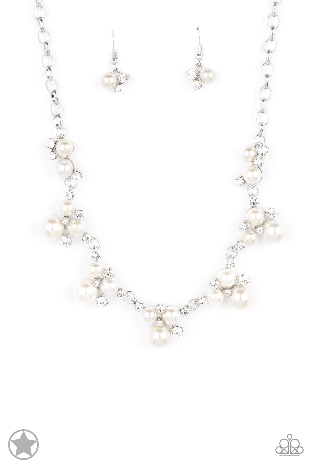 Clusters of pearls and dazzling white rhinestones join below the collar, creating refined frames. Infused with a glistening silver chain, the sections of luminescent frames trickle along the neck in a timeless fashion. Features an adjustable clasp closure.  Sold as one individual necklace. Includes one pair of matching earrings.