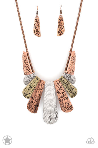 Copper, silver and brass plates featuring various hammered and filigreed textures fan out across the chest along a thick copper snake chain. The gorgeous tribal design falls gracefully below the collar into a dramatic statement piece. Features an adjustable clasp closure.  Sold as one individual necklace. Includes one pair of matching earrings.