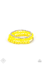 Load image into Gallery viewer, Infused with a strand of round and faceted silver beads, faceted rows of solid and opaque Illuminating cube beads are threaded along stretchy bands, wrapping around the wrist for an edgy pop of color.  Sold as one set of three bracelets.
