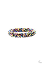 Load image into Gallery viewer, Sparkling with dramatic brilliance, a collection of faceted dainty oil spill beads are threaded along a woven stretchy band creating a stunning statement around the wrist.  Sold as one individual bracelet.
