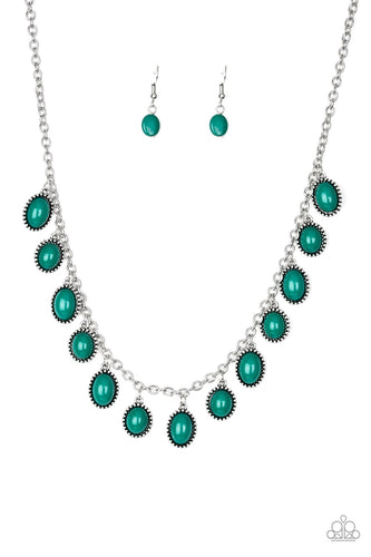 Infused with studded silver frames, round and oval green beads swing from a shimmery silver chain, creating a colorful fringe below the collar. Features an adjustable clasp closure.