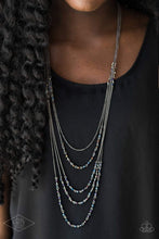 Load image into Gallery viewer, Brushed in a metallic iridescence, dainty beads trickle along gunmetal chains, creating shimmery layers across the chest. Featuring faceted edges, the glittery beads cascade down the sides of the palette for an additional hint of sparkle. Features an adjustable clasp closure.
