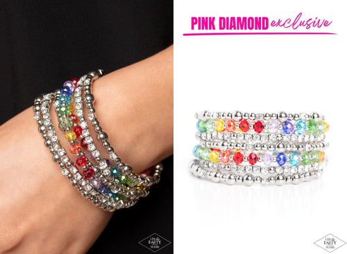 An icy collection of silver beads, cubes, opaque crystals in vibrant shades, and glassy white rhinestones are threaded along a coiled wire, creating a blinding infinity wrap style bracelet around the wrist.  Sold as one individual bracelet.    This Pink Diamond Encore is back in the spotlight at the request of our 2022 Life of the Party member with Pink Diamond Access, Lorri V.