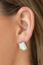 Load image into Gallery viewer, Featuring a raw asymmetrical cut, an iridescent gem is encased inside a sleek silver frame, creating a stellar display. Earring attaches to a standard post fitting.  Sold as one pair of post earrings.
