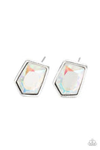 Load image into Gallery viewer, Featuring a raw asymmetrical cut, an iridescent gem is encased inside a sleek silver frame, creating a stellar display. Earring attaches to a standard post fitting.  Sold as one pair of post earrings.
