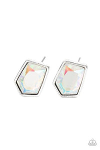 Featuring a raw asymmetrical cut, an iridescent gem is encased inside a sleek silver frame, creating a stellar display. Earring attaches to a standard post fitting.  Sold as one pair of post earrings.