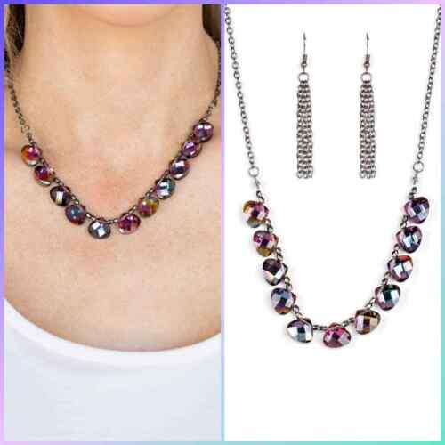 Rounded iridescent teardrop gems join pairs of faceted gunmetal beads below the collar for a refined look. Features an adjustable clasp closure.