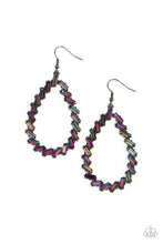 Load image into Gallery viewer, Featuring pronged gunmetal frames, a glittery collection of emerald cut oil spill rhinestones haphazardly stacks into an edgy teardrop for a gritty glamorous look. Earring attaches to a standard fishhook fitting.  Sold as one pair of earrings.
