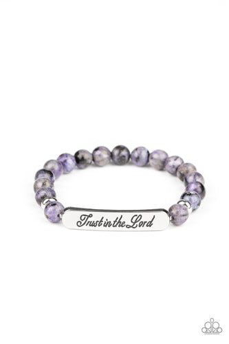 Infused with dainty silver accents, a collection of glassy purple stone beads and a shimmery silver frame stamped in the phrase, 