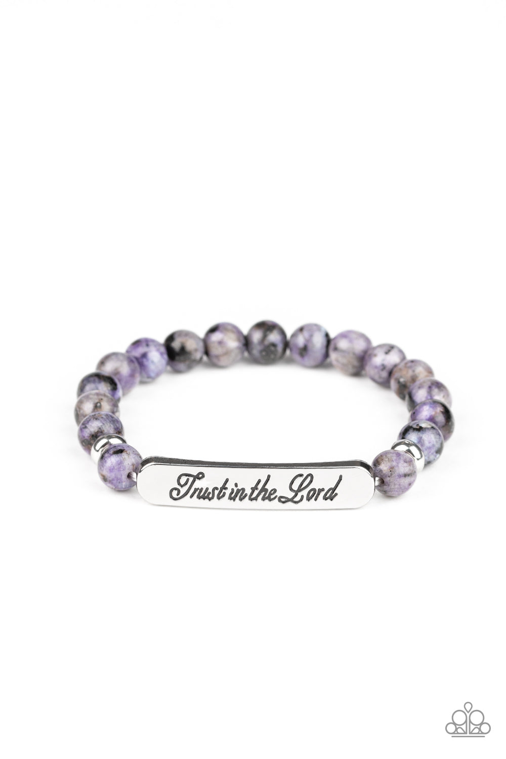 Infused with dainty silver accents, a collection of glassy purple stone beads and a shimmery silver frame stamped in the phrase, 